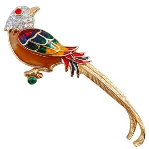 Vintage Premier Designs Enamel Bird Brooch – Gold Tone, Rhinestones, 1980s 1990s